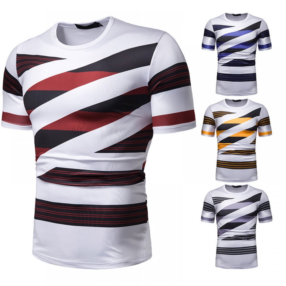 New Summer Men's Short-Sleeved T-Shirt Contrast Striped Slim Casual T-Shirt
